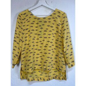 Maeve Anthropologie Yellow Gray Clouds Graphic Print Silk Top Small 3/4 Sleeve